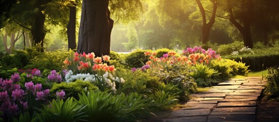Greenery in a beautiful garden setting with a serene atmosphere and vibrant flowers offers a picturesque background for a copy space image