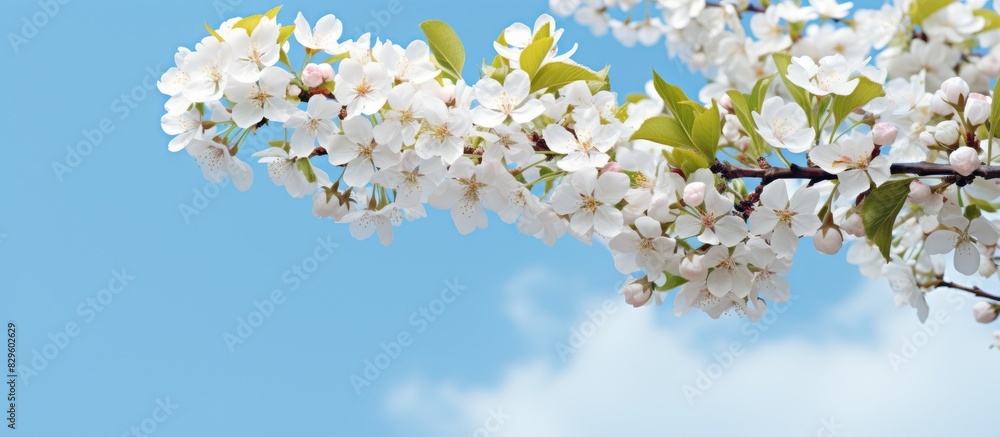 Poster Blooming apple tree branches with spring blossoms set against the blue sky in a copy space image