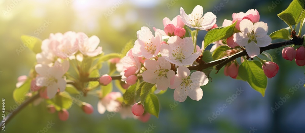Poster apple blossom on an apple tree in a domestic garden setting with the background intentionally blurre