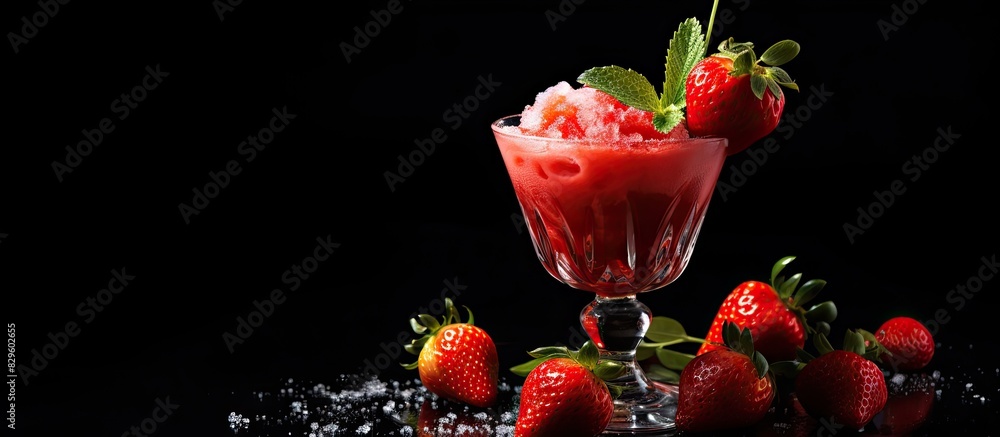 Poster close up of a fresh strawberry cocktail on a dark background with strawberries creating a visually a