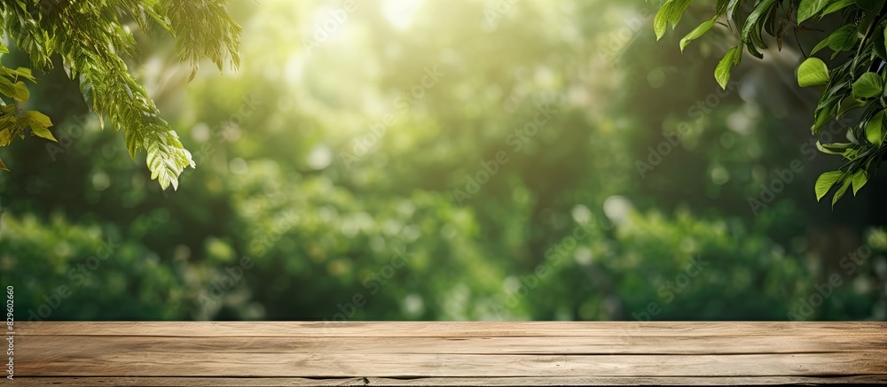 Poster a wooden table with an unoccupied surface is set against a blurred curtain revealing a backdrop of a