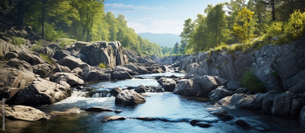 Poster scenic view of a rocky river stream below in the landscape with copy space image
