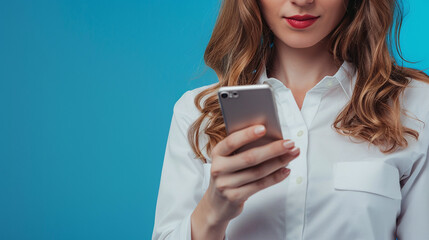 Woman in a white shirt with a phone on a blue background. Business woman surfing the internet looking for ideas or news