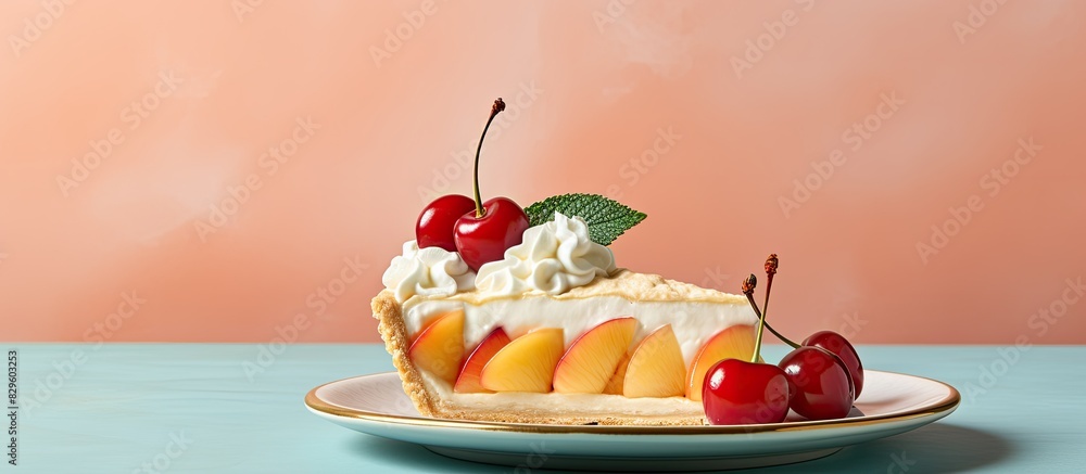 Sticker A slice of tart pie with vanilla cream topped with peach pineapple and cherry on a plate with copy space image