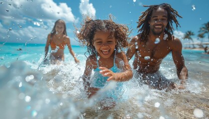 An exuberant family enjoys playful moments in the ocean waves together