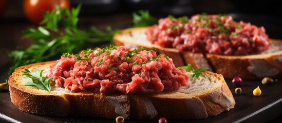 Obraz premium Beef tartare on toast bread served in restaurant. Copy space image. Place for adding text and design
