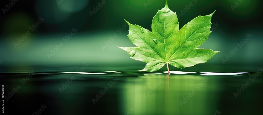 Poster close up of a green maple leaf reflected in water with copy space image