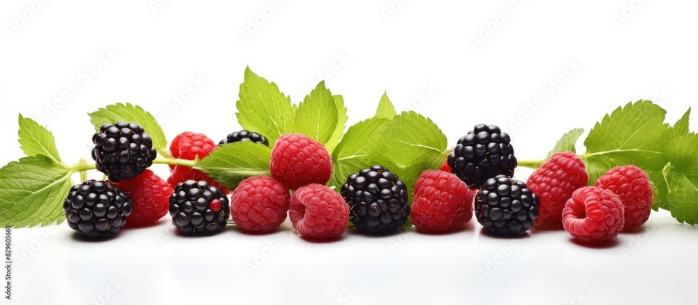 Poster Fresh berries displayed in a cookie cutter on a white background with mint leaves for a copy space image