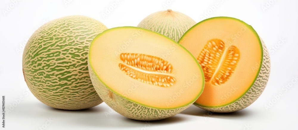 Poster beautifully patterned whole and sliced japanese cantaloupe with green stripes displayed horizontally