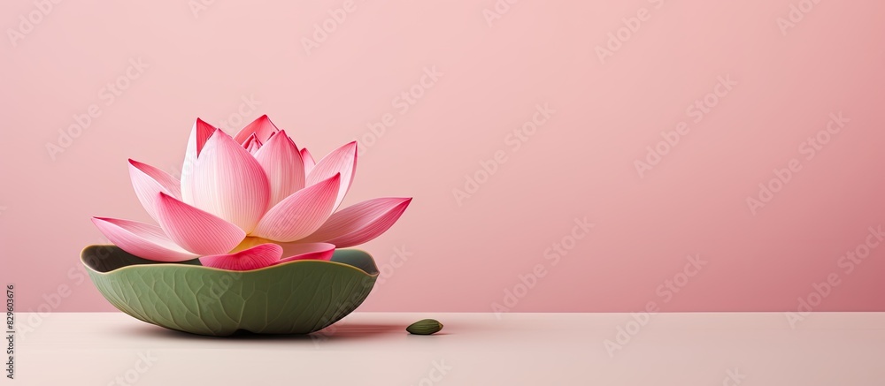 Poster lotus flower in a pink hued floating pot with a blank background for texts or images. copy space ima