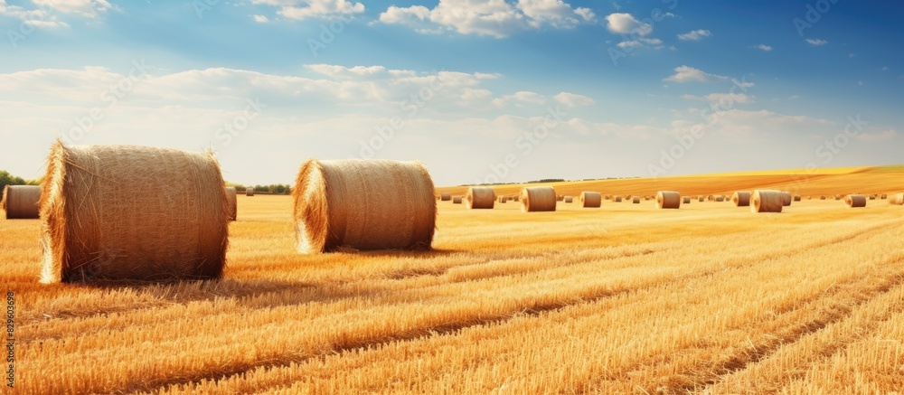 Poster harvesting hay bales in a picturesque golden field landscape with round bales and space for text or 