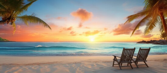 Enjoy a serene beach scene at sunrise or sunset providing the perfect setting to relax in a warm paradise complete with a stunning copy space image