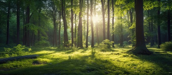 Obraz premium Beautiful forest landscape with sunlight filtering through the trees offering a serene and picturesque view with ample copy space image
