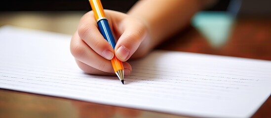 Close up of children s hand writing in Braille. Copy space image. Place for adding text and design