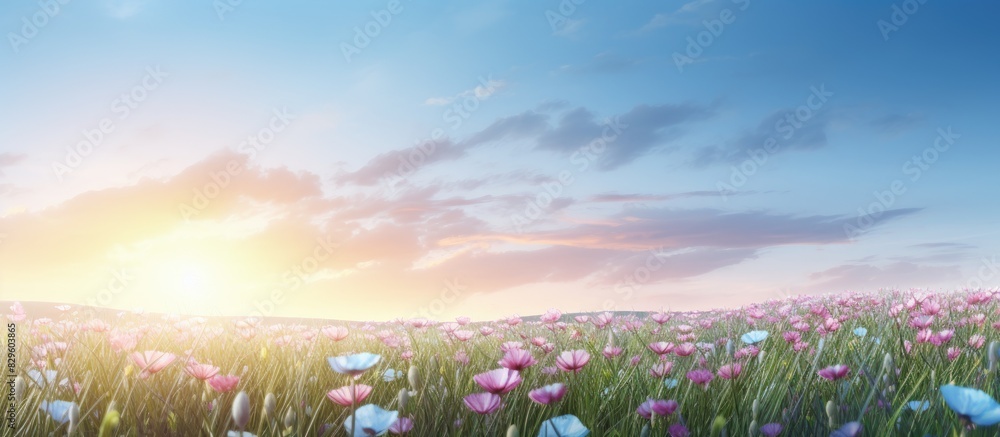 Poster evening setting with a flower filled grass field and an empty space for text or image insertion. cop