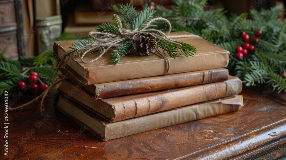 Aufkleber a stack of books with a pine cone on top and red berries on the bottom. the books are old and the pi