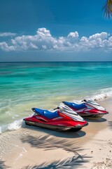 Obraz premium Vibrant red and blue jet skis parked on a sandy shoreline with the crystal-clear sea in the background