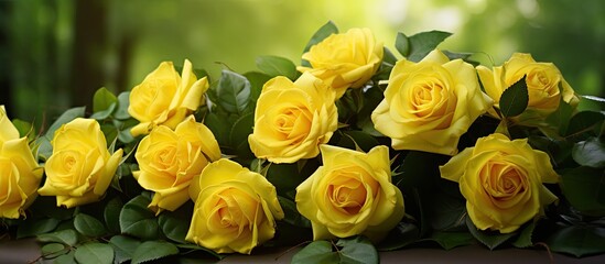 A lovely bouquet of yellow roses set against green foliage makes for an enticing copy space image