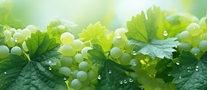 A close up image showing downy mildew on green grape leaves with copy space