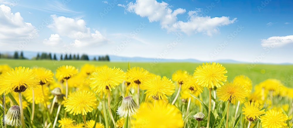 Poster stunning wide format picture featuring a lush grassy meadow filled with yellow dandelions set agains
