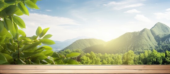 Fresh blue sky with sunlight shining over green leaves and a picturesque mountain landscape set on a table background with ample copy space image