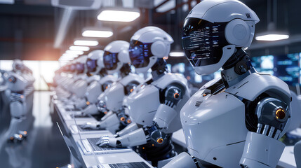Robots working in futuristic office on computers and keyboards.