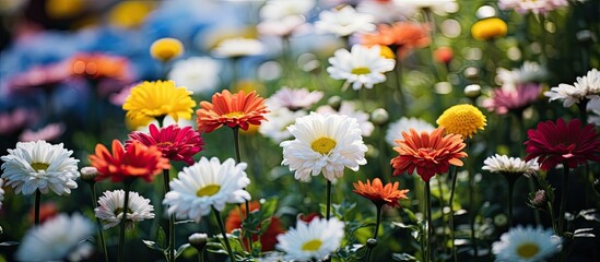 Various flowers in the garden including a white daisy are showcased in the copy space image