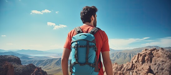 Copy space image of a young man with a backpack in the mountains against a blue backdrop enjoying his summer vacation and adventure captured in a lifestyle moment from a close up rear view - Powered by Adobe
