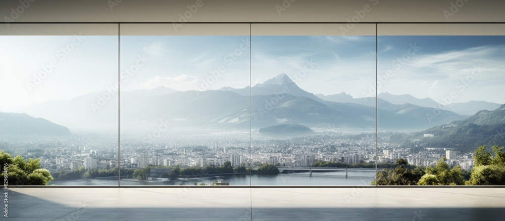 Poster above the bridge there is a large window with a scenic mountain view in the background suitable for 