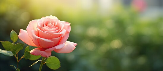 Gorgeous pink rose in garden with green background perfect for copy space image