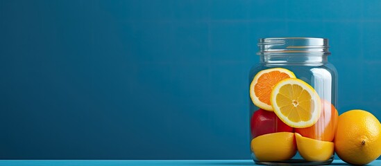 Glass jar filled with orange lemon and mandarin juice set against a blue background with copy space image - Powered by Adobe