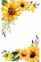 sunflower themed frame or border for photos and text. with bold yellow petals and a brown center. watercolor illustration, Perfect for nursery art, simple clipart, single object,white color background
