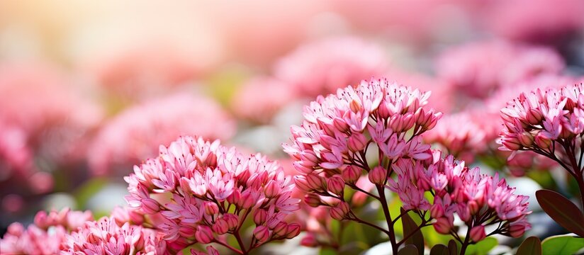 Blooming sedum Aizun in a summer garden with selective focus showcasing the vibrant Sedum aizoon flowers against a copy space image