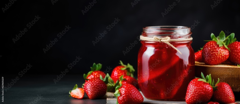 Poster image featuring strawberry jam in a glass jar on a light gray background with sliced bread creating 