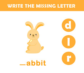 Write the missing letter. Worksheet for kids. Find missing letter worksheet for children.