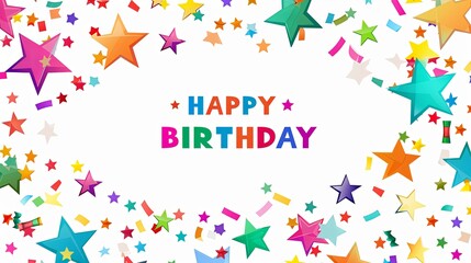 Happy Birthday banner with colorful stars and confetti on white background