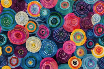 Fototapeta premium A colorful painting of many different colored circles. The circles are of various sizes and colors, and they are arranged in a way that creates a sense of movement and energy. The painting is abstract