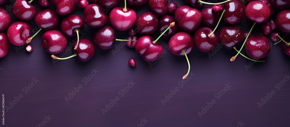 Poster a colorful assortment of ripe cherries is arranged on a purple surface in a top down view with a bac