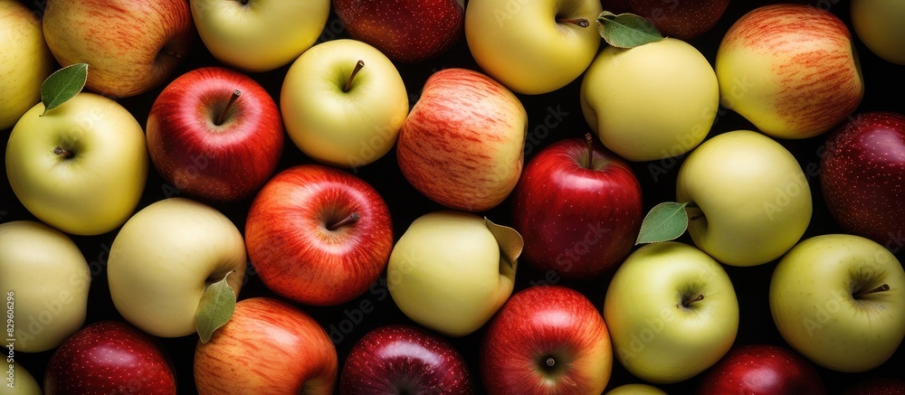 Poster top view of freshly picked apples with a white filling and different fresh varieties in a copy space