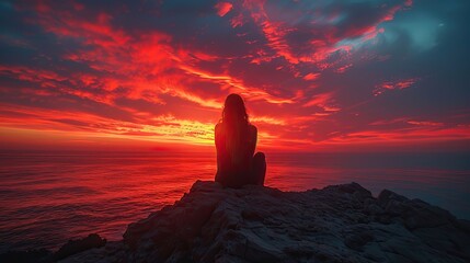 The silhouette of a woman watching the sunset from a rocky cliff, her outline blending with the colors of the sky.