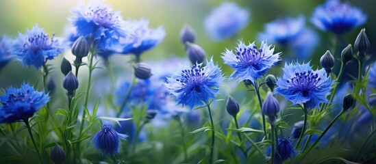 Blue cornflowers known as Centaurea cyanus L are displayed outdoors among green leaves in a beautiful setting with a peaceful copy space image