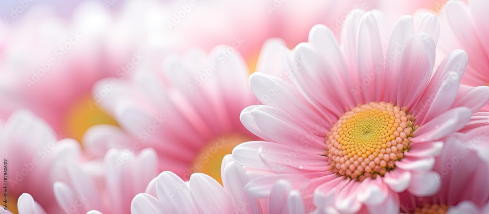 Poster Close up macro shot of a vibrant pink and white English daisy Bellis perennis with a shallow depth of field and selective focus suitable for a copy space image