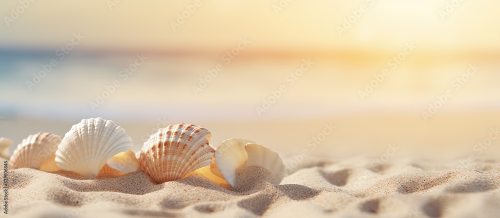 Poster seashells scattered on sandy beach creating a serene summer scene with a sandy background and copy s