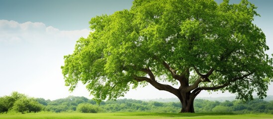A large tree with lush green leaves in spring set against a natural backdrop with room for text or...