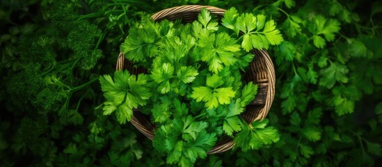 Top view of a wicker basket with freshly harvested parsley on an herb bed with copy space image