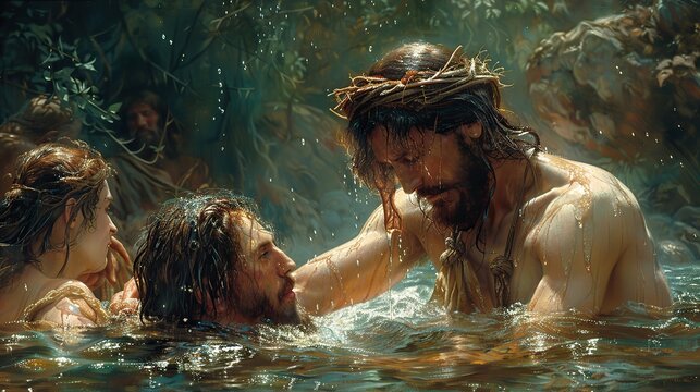 A depiction of Jesus Christ being baptized by John the Baptist.