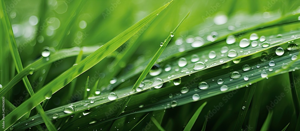 Poster lush green grass background featuring a texture with a dew droplet ideal for copy space image