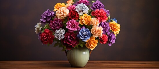 A stunning arrangement of multicolored carnation blooms in a vase displayed on a table serving as a lovely home decor with a vertical copy space image for wallpapers and backgrounds