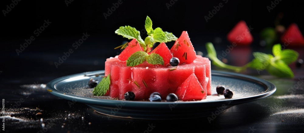 Poster creating refreshing desserts with red meat and watermelon accompanied by a copy space image