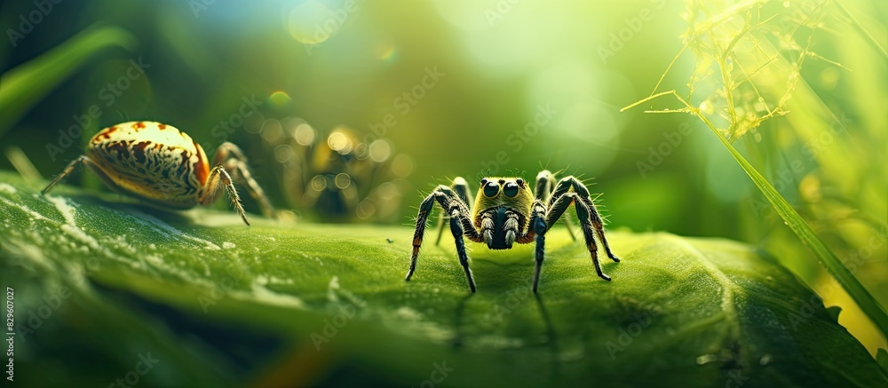 Poster small insect and spider captured in a macro photo in nature with copy space image